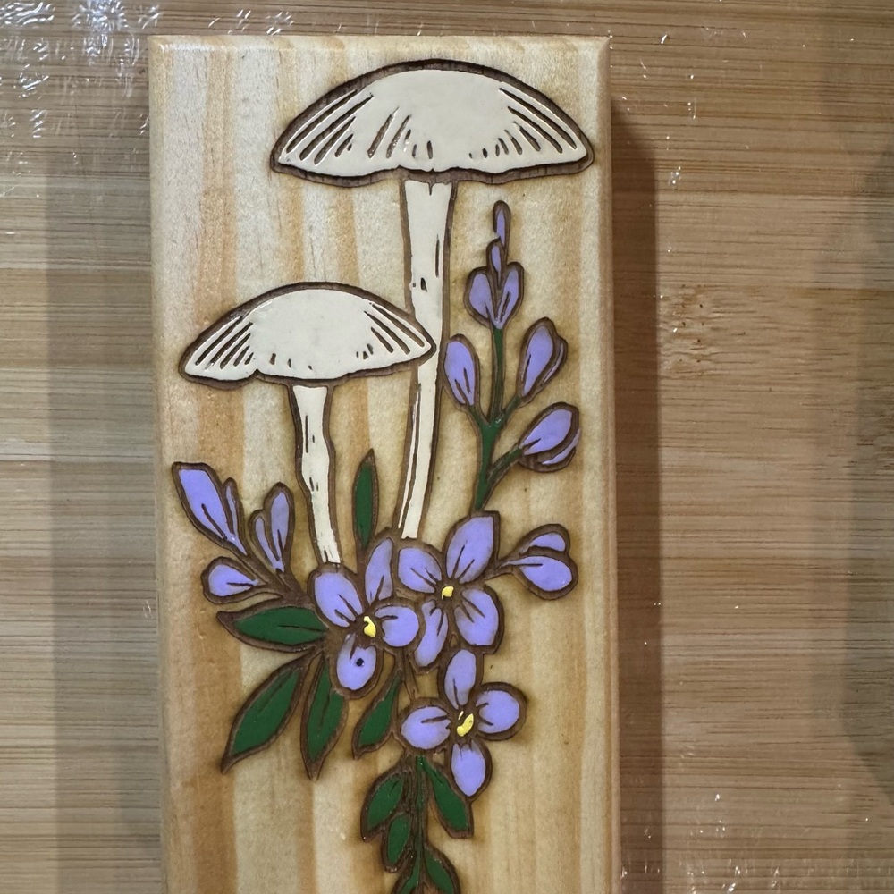 Wooden Plaque with Mushrooms and Flowers